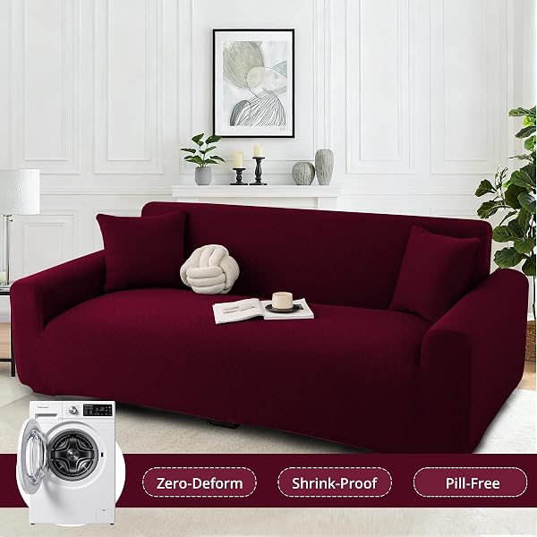 OBLU LIFE STRETCH COUCH COVER FOR 2 CUSHION LOVESEAT SOFA, FITS 57 X 72 INCH, JACQUARD WAFFLE FABRIC SLIPCOVER, WASHABLE PET FRIENDLY FURNITURE PROTECTOR WITH ELASTIC BOTTOM, WINE RED, 2 SEATS