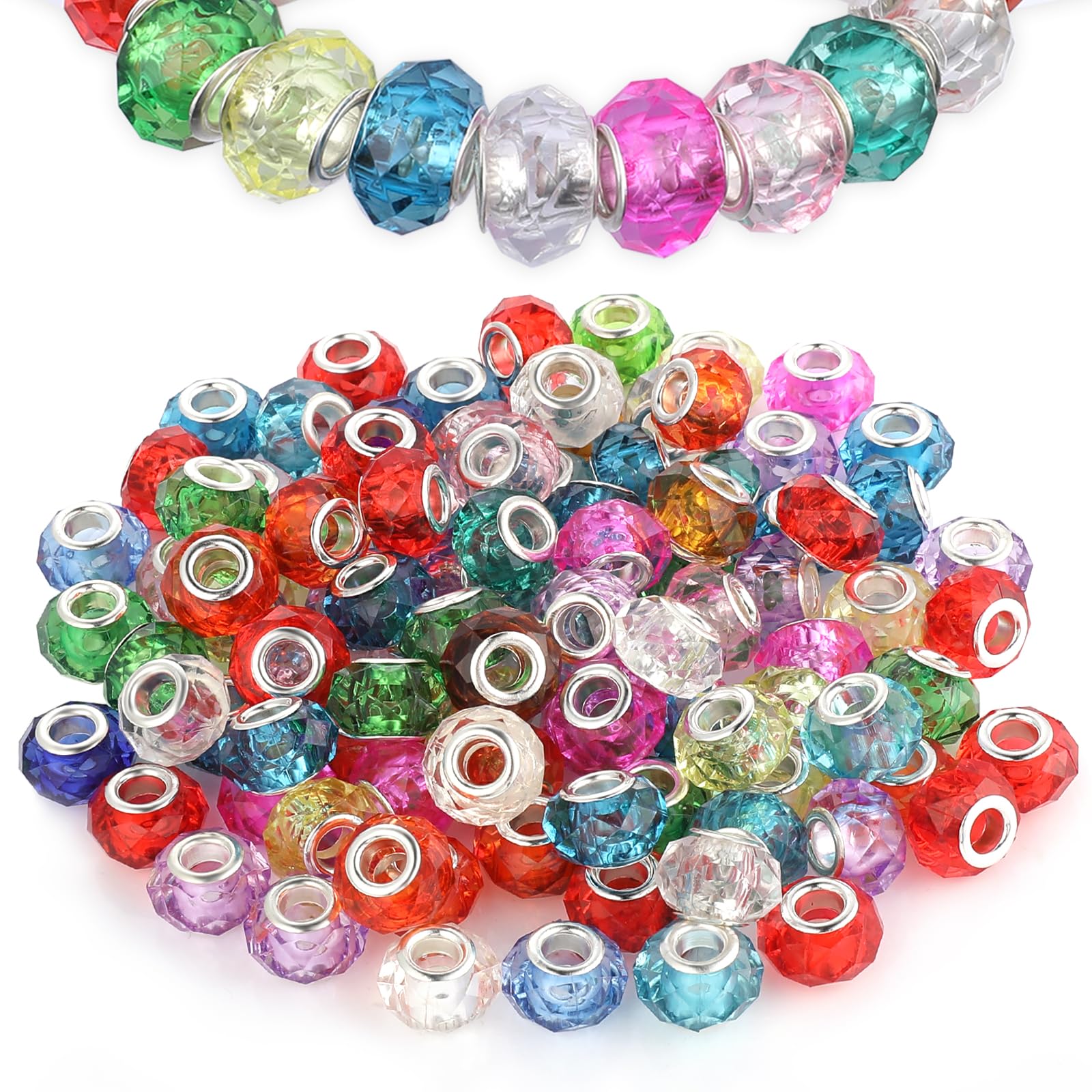 100Pcs Large Hole Acrylic Beads, Mix Color Murano Glass Beads with Silver Brass Core Assorted Faceted European Lampwork Spacer Loose Bead for Pen Bracelet Charms Jewelry Earring Making