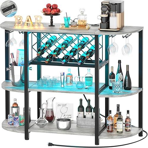 Dining Room Furniture - Unikito 4-Tier Metal Coffee Bar Cabinet with Outlet and LED Light, Freestanding Floor Bar Table for Liquor with Glass Holder and Wine Rack Storage, Wine Bakers Rack for Kitchen Dining Room, White Oak