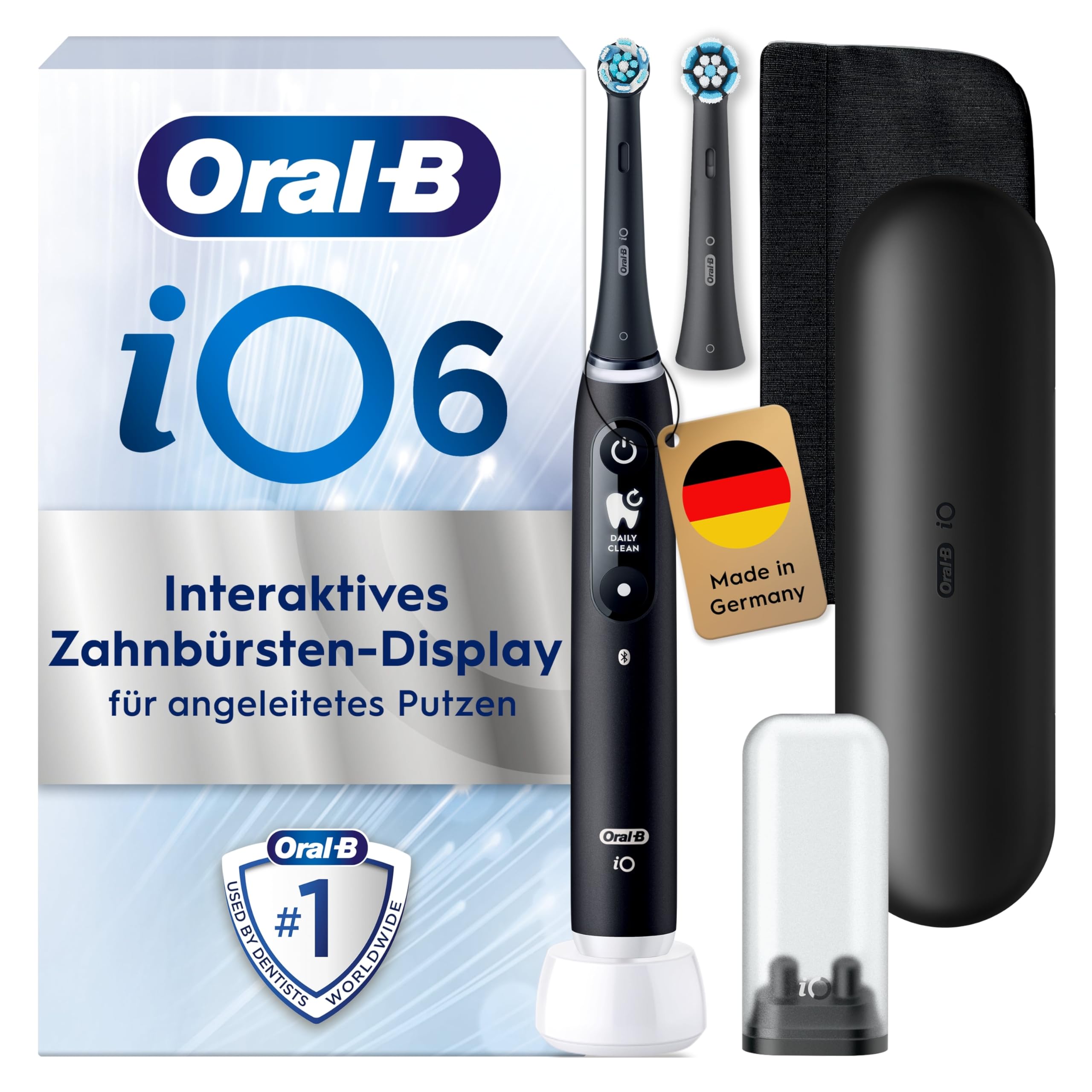 Oral-B iO Series 6 Elektrische Zahnbürste — Electric Toothbrush, Inkl. 2 Aufsteckbürsten, Reise-Etui, 5 Putzmodi für Zahnpflege — Zahnbürste Elektrisch, Designed by Braun, Schwarz