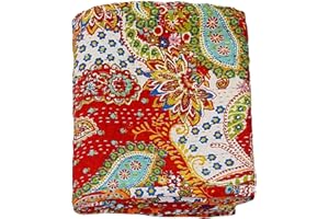 Rajasthaniartdecor Vintage Handmade Kantha Quilt Indian Traditional Bed Cover Throw Paisley Printed Kantha Quilts (Red Color, Twin (60x90 Inch))
