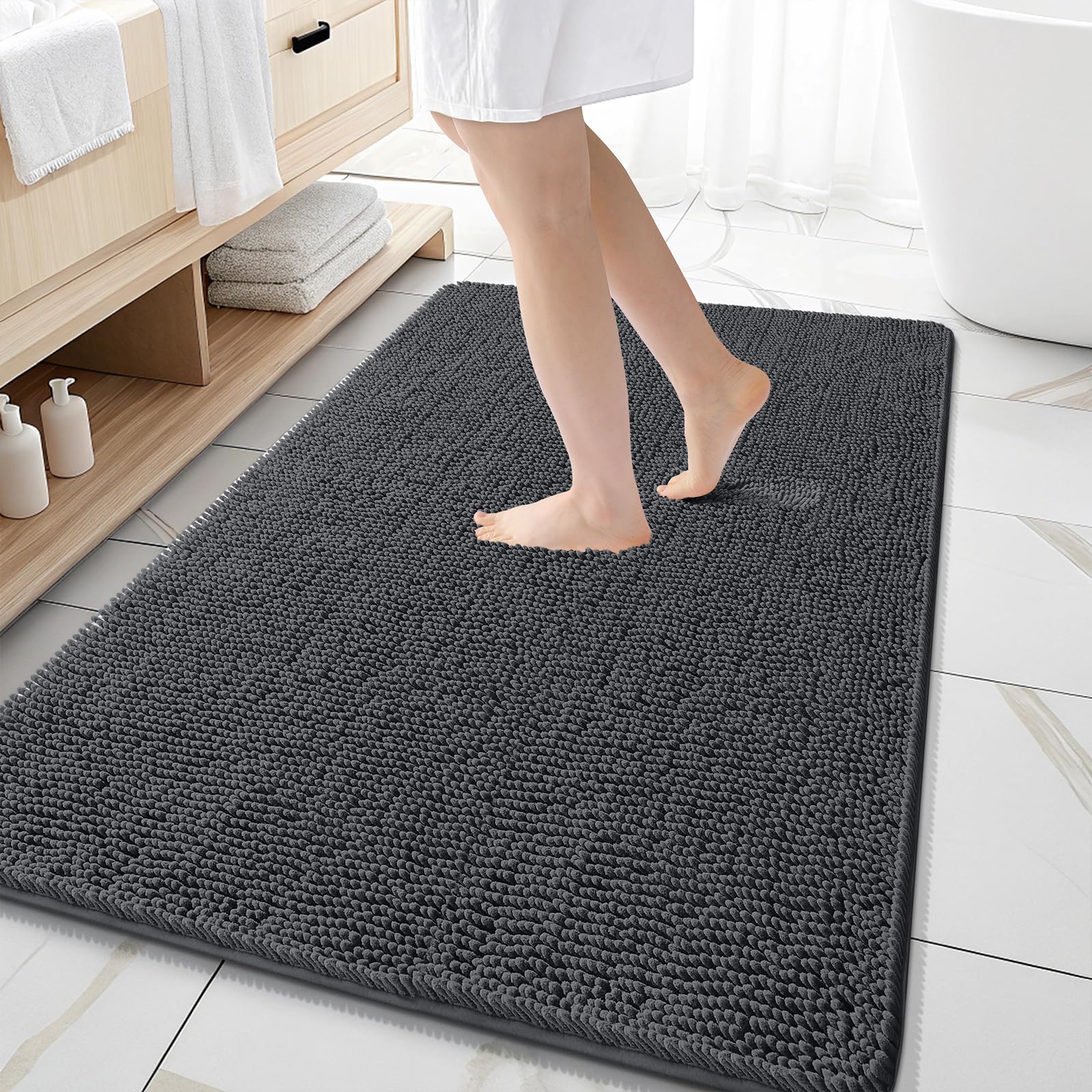 Photo 1 of OLANLY Bathroom Rugs 59x35, Extra Soft Absorbent Chenille Bath Rugs, Rubber Backing Quick Dry, Machine Washable Bath Mats for Bathroom Floor, Tub and Shower, Home Decor Accessories, Dark Grey