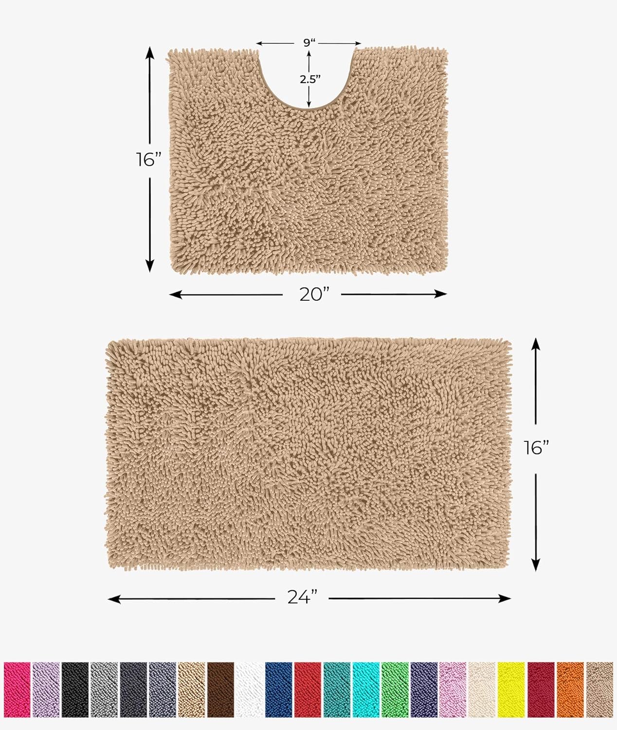 LuxUrux Bathroom Rugs Luxury Chenille 2-Piece Bath Mat Set, Soft Plush Anti-Slip Bath Rug +Toilet Mat.1'' Microfiber Shaggy Carpet, Super Absorbent (Curved Set Small, Light Grey): Kitchen & Dining