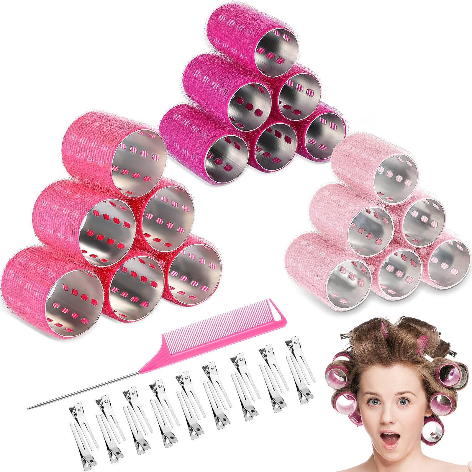 Photo 1 of 37 Pcs Aluminum Thermal Hair Rollers Set 3 Sizes Self Grip Hair Rollers 18 Pcs Duckbill Clips, Comb Hairdressing Styling Tool for Women, Men(1.1,Pink Series)