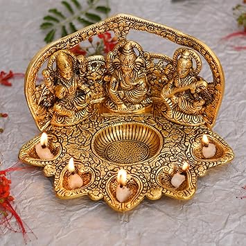 Collectible India Metal Laxmi Ganesh Saraswati Idol with Diya (Golden, 9 X 6 X 5 Inch)