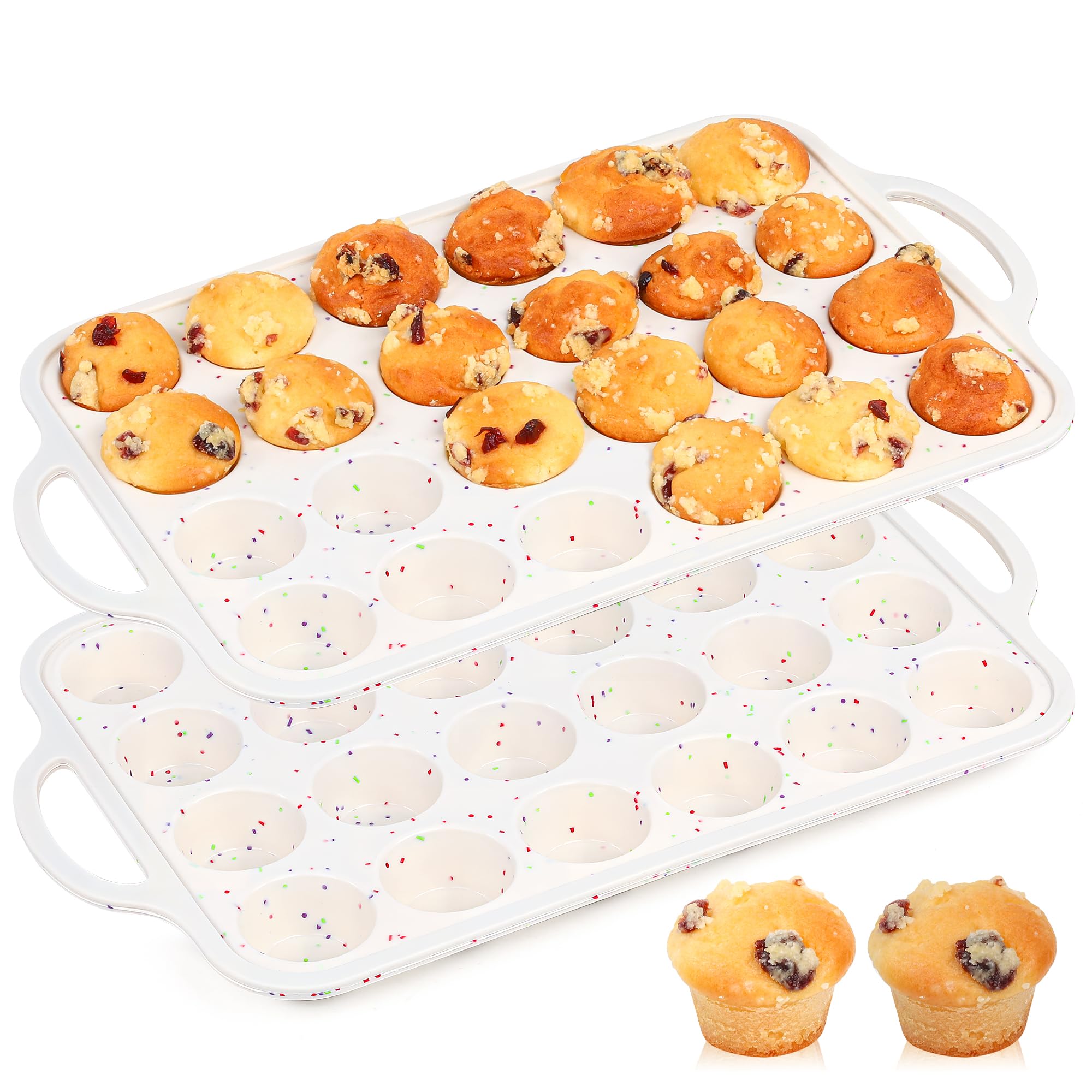 Photo 1 of (only one)AOTASO 2 Pcs Silicone Mini Muffin Pan With Metal Frame, 24 Cups Nonstick Cupcake Tray for Baking, Small Muffin Molds with Handles (Cream)