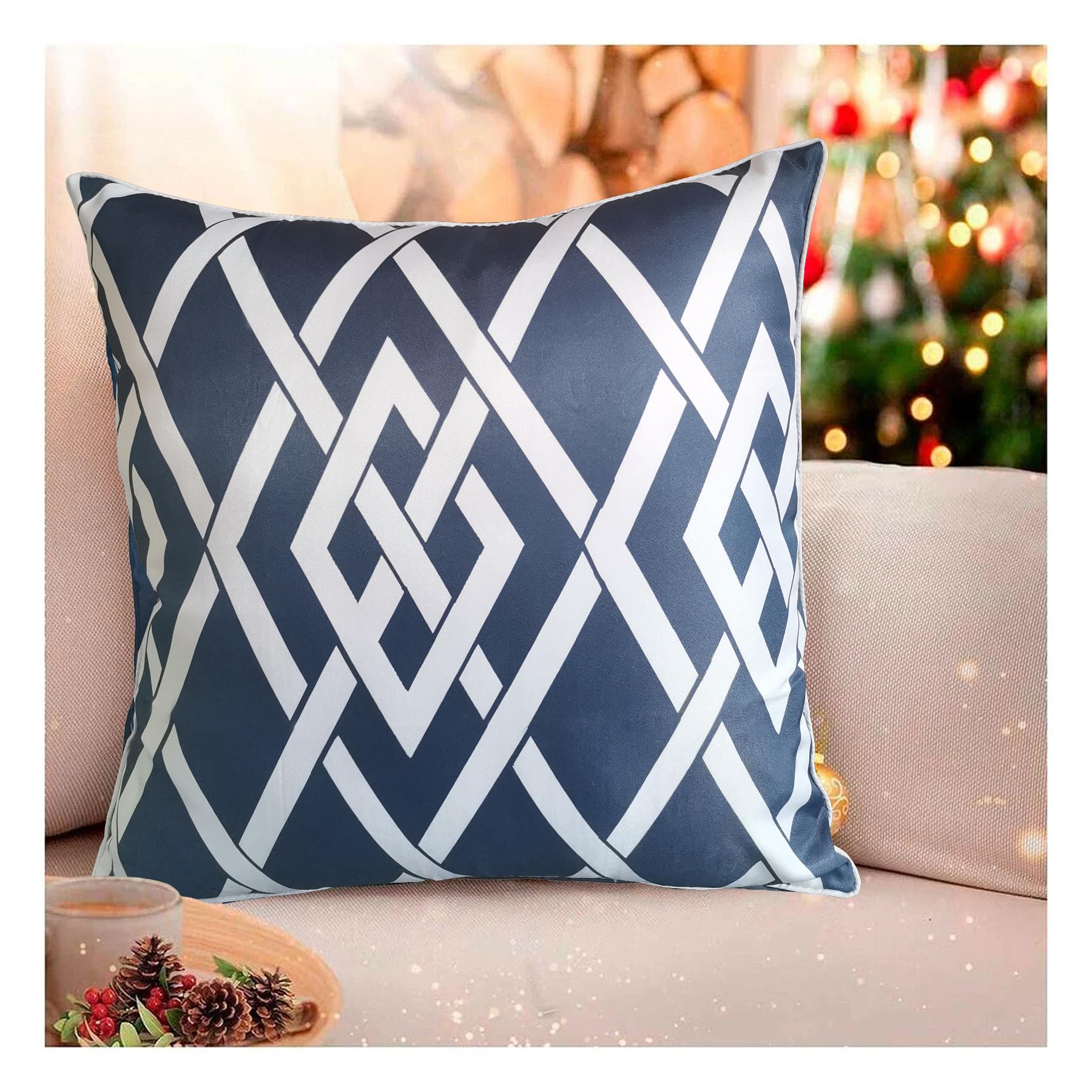 Aitliving Cushion Cover Throw Pillow 1PC Diamond Trellis 43x43cm Geometric Mesh Lattice 17"x17" Blue and White Printed Cotton Canvas Decorative Sofa Pillowcase Accent Cushion Shell w/White Piping