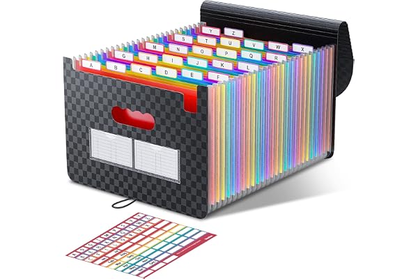 ThinkTex Accordion File Organizer, 26 Pockets Expanding File Folders, Monthly Bill Receipt Documents Organizer, A-Z Colorful
