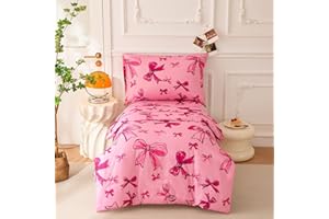 SDIII 4 Piece Pink Bow Girl Toddler Bedding Set, Cute Bowknot Princess Toddler Bedding Set with Comforter, Fitted Sheet, Flat Sheet and Pillowcase