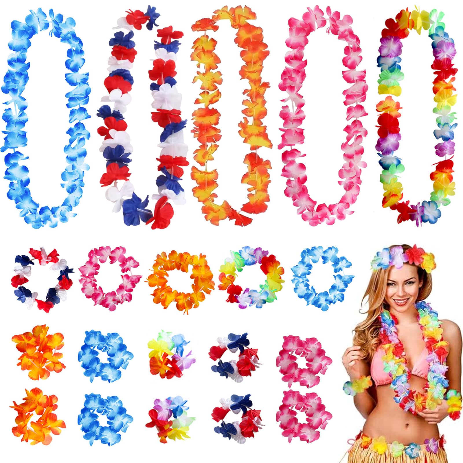 Hawaiian Garlands, 20Pcs Hawaiian Leis Bulk, Tropical Decorative Favours Perfect Hawaiian Fancy Dress for Hawaiian Theme Party Decorations Accessories (Random Style)