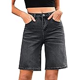 LookbookStore Bermuda Shorts for Women High Waisted Classic Casual Long Jean Shorts Stretchy Denim Jorts with Pockets