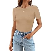 MEROKEETY Women's Short Sleeve Crewneck Bodysuits Summer Ribbed Knit Tops Slim Fit Body Suit