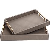 MACVAD 2 Piece Woven Leather Ottoman Tray with Gold Handles, Perfect Rectangular Serving Tray for Living Room, Coffee Table Tray as Thoughtful Gift for Home Decor Enthusiasts (Coffee Brown)