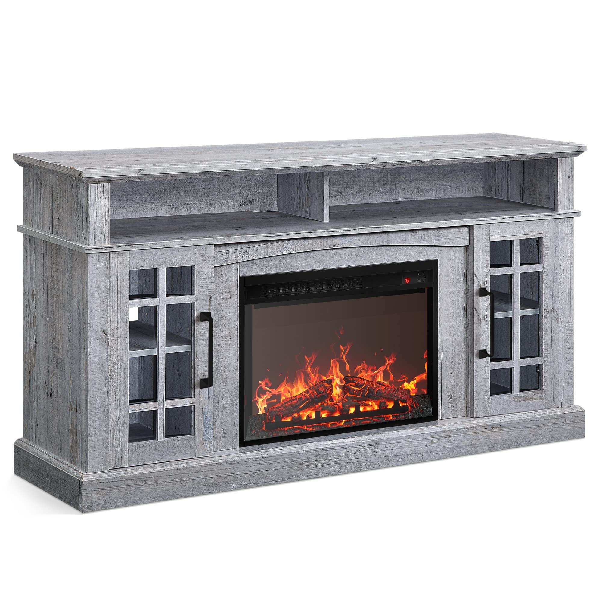 BELLEZE Traditional 58" Rustic TV Stand with 23" Electric Fireplace Heater, Media Entertainment
