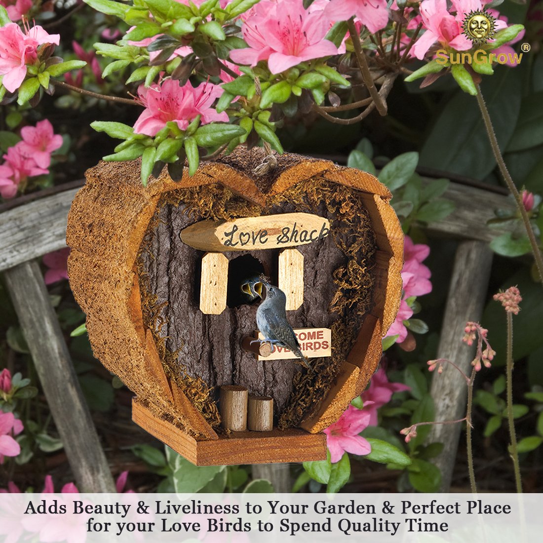Heart Shaped Birdhouse - Decorative Rough Wood - Little Log Cabin Birdhouse - Perfect Gift for Newlyweds, Engagement , Housewarming , Honeymoon - Love Shack for Love Birds - Wooden Bird Feeder