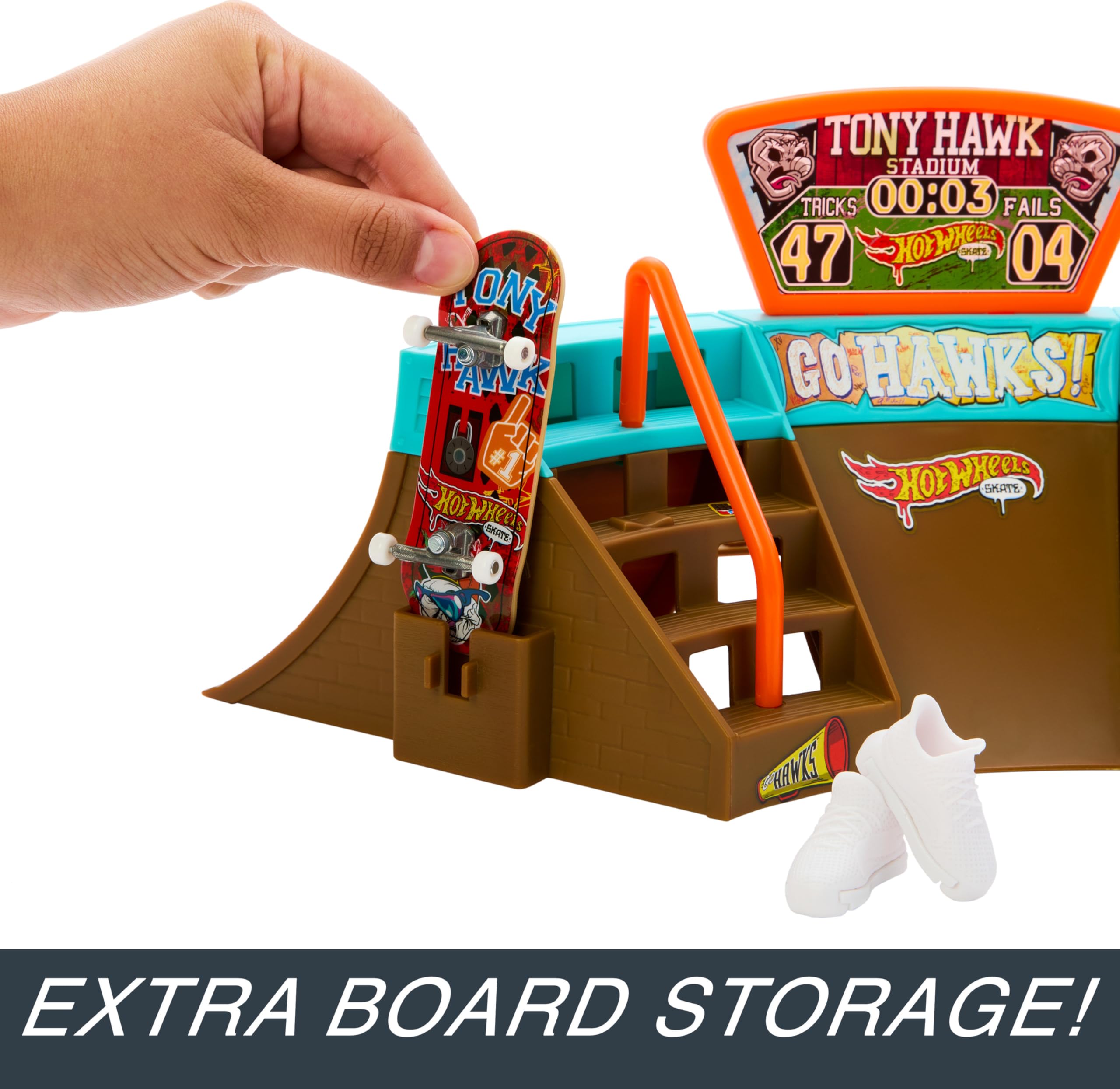 Hot Wheels Skate Stadium Playset Designed with Tony Hawk, 1 Exclusive Fingerboard & Pair of Skate Shoes, Plus Storage