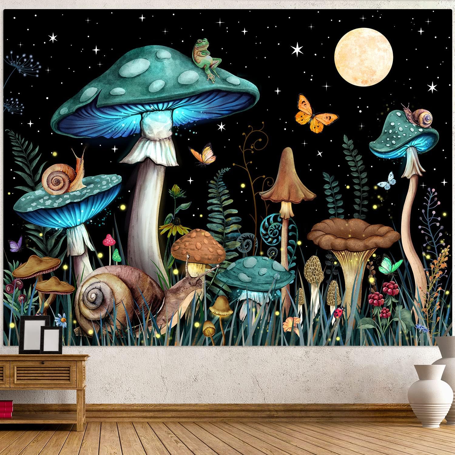 Tapestries - Zussun Teal Mushroom Tapestry Moon Star Tapestries for Bedroom Aesthetic Starry Night Green Plant Tapastrys Wall Hanging Butterfly Snail Frog Wall Tapestry for Living Room Dorm (Green, 60