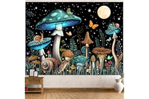 Zussun Teal Mushroom Tapestry Moon Star Tapestries for Bedroom Aesthetic Starry Night Green Plant Tapastrys Wall Hanging Butterfly Snail Frog Wall Tapestry for Living Room Dorm (Green, 48" x 36")
