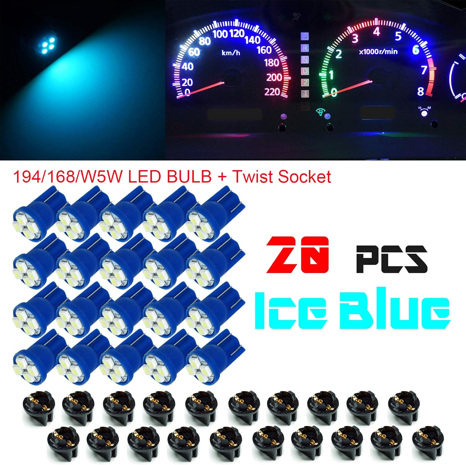 PA 20x T10 168 194 Led instrument Panel Dash Light Bulb 1/2" Twist Lock Socket -12V (Ice Blue)