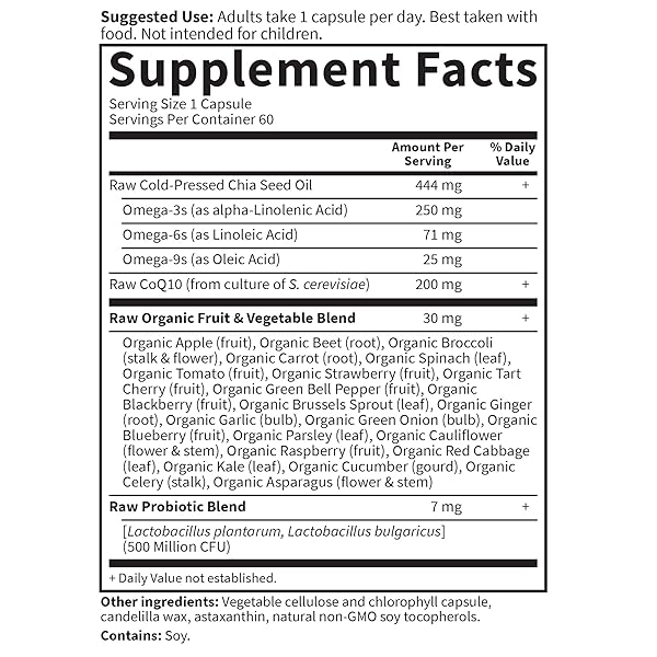 GARDEN OF LIFE COQ10 200MG, VEGETARIAN OMEGA 3 6 9 SUPPLEMENT RAW CO Q 10 CHIA SEED OIL, WHOLE FOOD NUTRITION WITH ANTIOXIDANT SUPPORT, COENZYME Q10 SUPPLEMENT FOR HEART HEALTH, 60 CAPSULES
