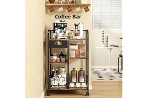 keomaisyto Coffee Bar with Wheels, Mobile Coffee Table with Storage Drawer, 4-Tier Adjustable Coffee Cart, Rustic Wood Coffee bar Station for Kitchen/Entrance/Living Room/Dining Room