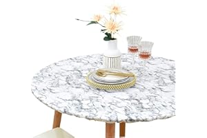Rally Home Goods Indoor Outdoor Patio Round Fitted Vinyl Tablecloth, Flannel Backing, Elastic Edge, Waterproof Wipeable Plastic Cover, White Marble Pattern for 10-Seat Table of 57-72’’ Diameter