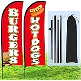Buryeah 2 Sets Hot Dogs Burgers Feather Flag Banner Kit for Business Advertising 8 ft Swooper Flag with Pole Ground Stake Portable Bag Outside Hot Dog Sign for Restaurant Advertising Business(Red)