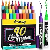 Fine Tip Chalk Markers - Pack of 40 (Neon, Classic & Metallic) Chalk Pens - For Chalkboard, Blackboard, Window, Labels, Bistro, Glass - Wet Wipe Erasable - 3mm Reversible Tip