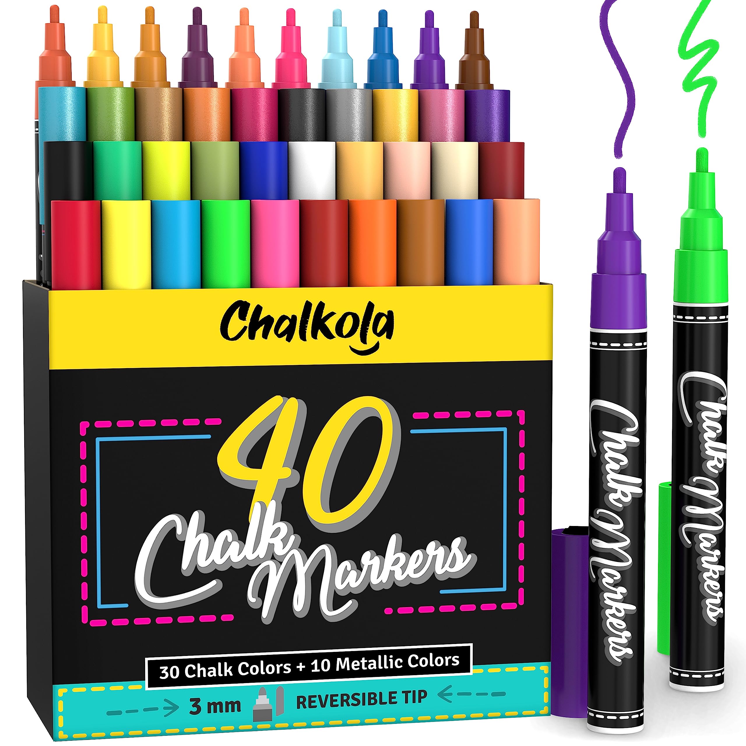 Chalkola Chalk Pens - Pack of 40 (Neon, Classic & Metallic) Chalk Pens - For Chalkboard, Blackboard, Window, Labels, Bistro, Glass - Wet Wipe Erasable - 3mm Reversible Tip