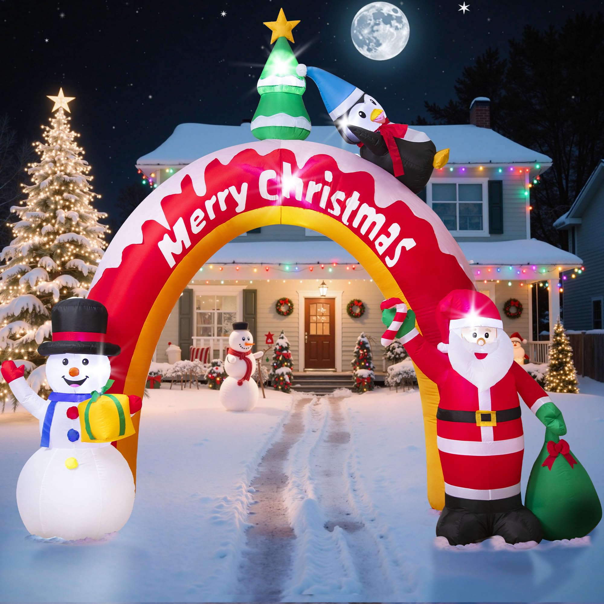 Photo 1 of 10FT Christmas Inflatables Archway with Santa Claus, Snowman & Christmas Tree, Large Blow Up Outdoor Decorations with 5 LED Lights, Self-Inflate Christmas Arch for Yard Lawn Patio Holiday Decoration