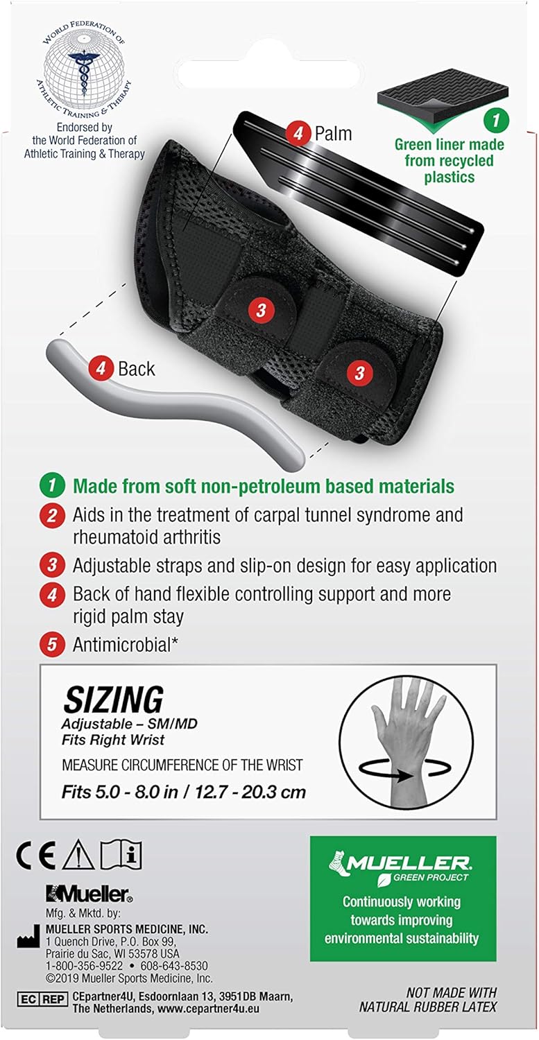 Mueller Fitted Wrist Brace, Black, Right Hand, Small/Medium: Health & Personal Care