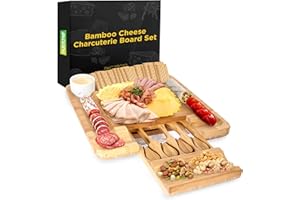 NutriChef Charcuterie Board Set, 100% Bamboo Cheese Tray Includes Sliding Drawer with 4 Knives & Condiment Mini Bowl, Gift Se