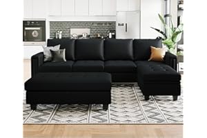 Belffin Faux Leather L Shaped Sectional Sofa Set Convertible Sectional Couch with Reversible Chaise Leather L Shape 4-seat Sectional Couch Set Storage Ottoman Black