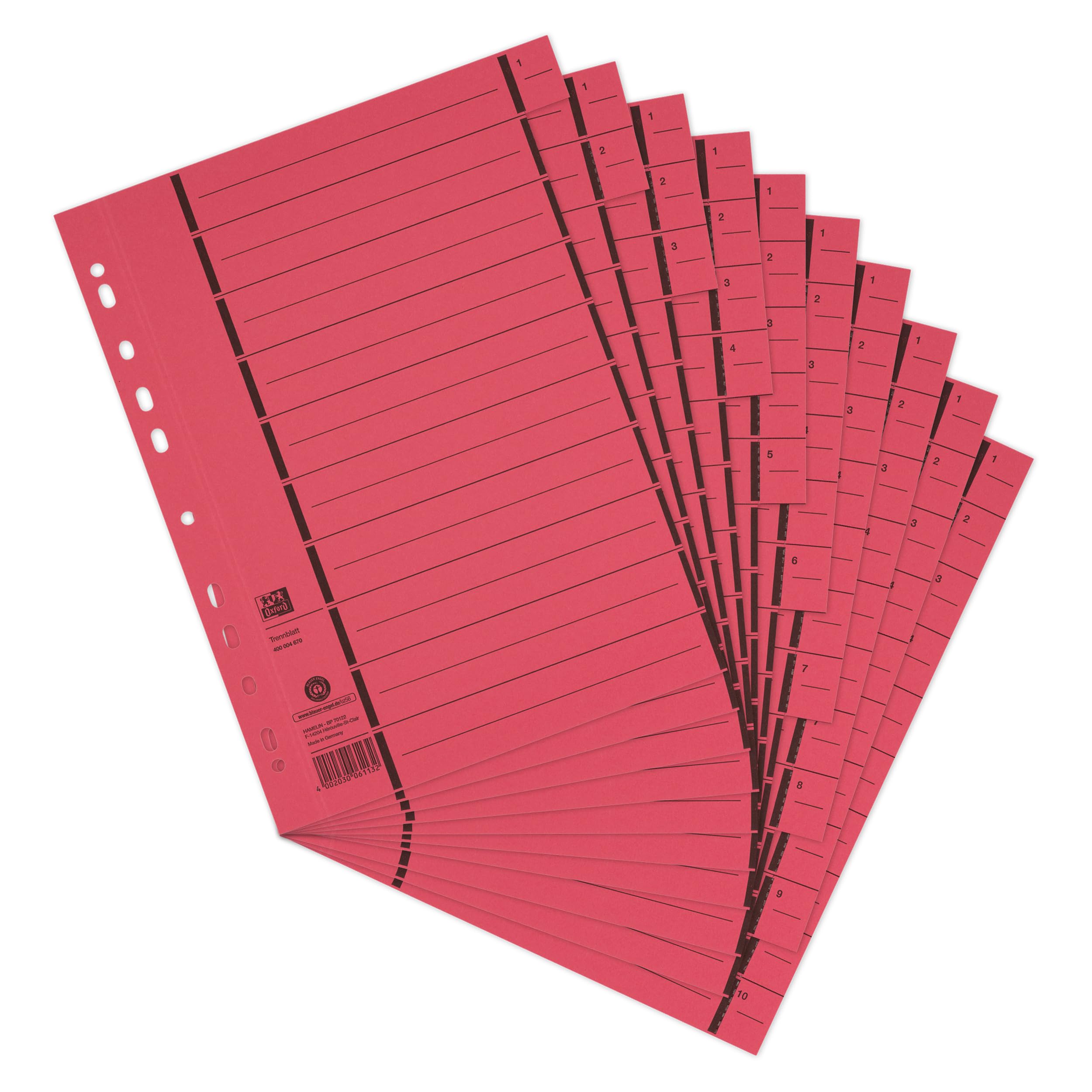 Elba 06456RO Reference Dividers with Perforation Numbered 1-10 Lined Application Folder Set of 100 Red