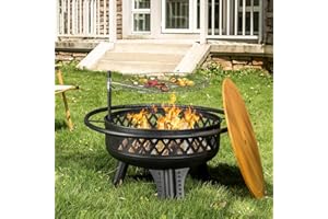 Panovue 32 Inch Outdoor Fire Pit with Grill, Wood Burning Firepit for Outside with Lid/Fire Poker, Metal Round Fire Pit Table for Patio Backyard Garden Bonfire Party