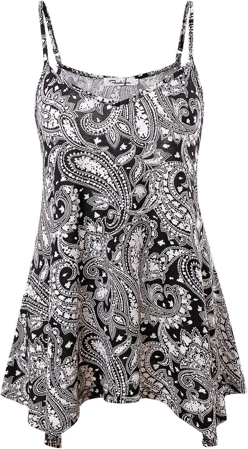 Womens Summer Sleeveless V Neck Spaghetti Strap Printed Cami Swing Irregular Tops