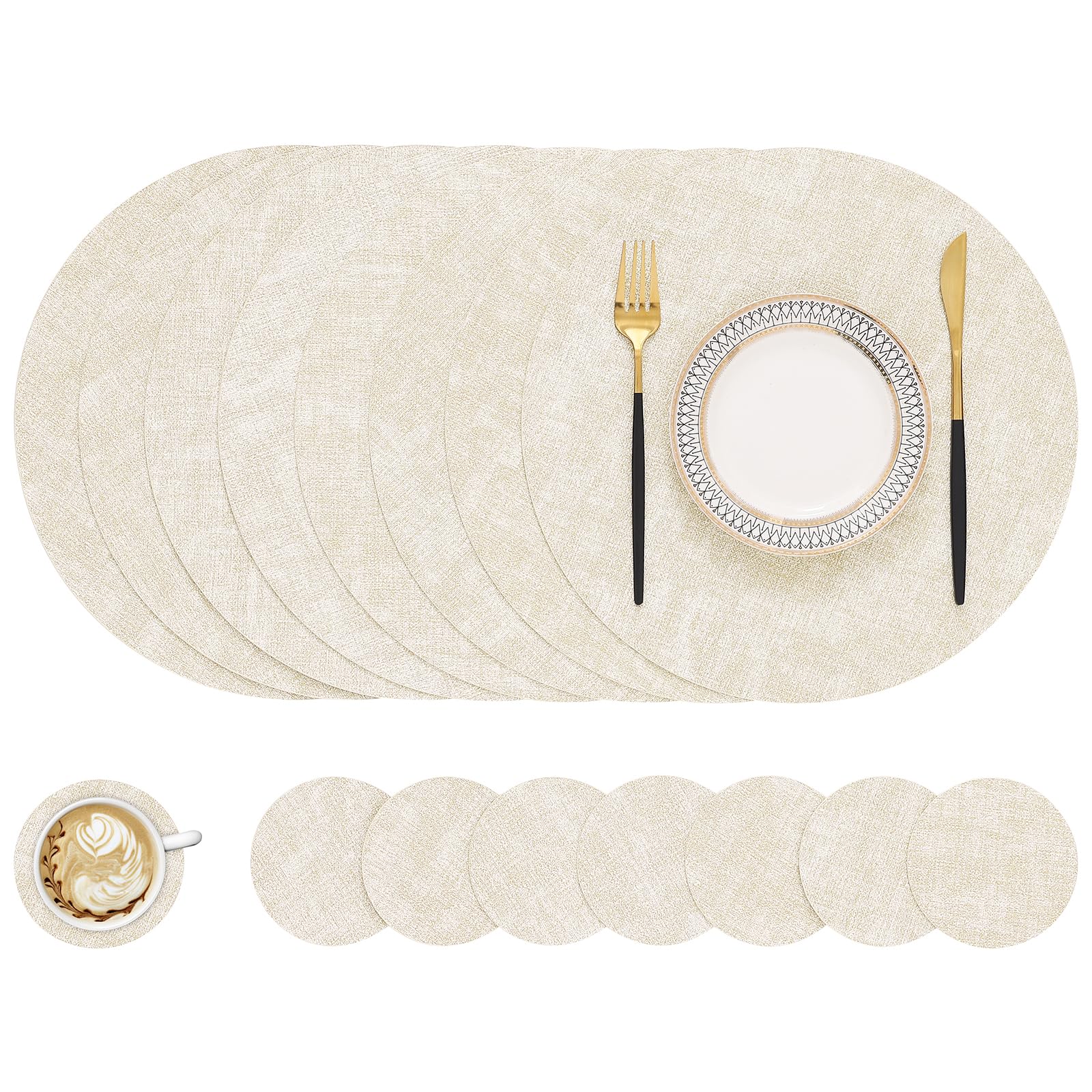 homing Round Faux Leather Placemat and Coaster 8 Packs, Washable Heat Resistant Dining Place Mats, Wipeable Double-Sided Table Mats for Indoor and Outdoor, Diameter 13 and 3.93 inch, Beige Image
