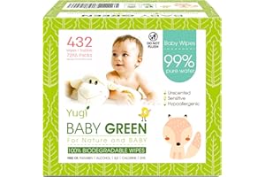 YUGI BABY GREEN Yugi Green Baby Wipes – Unscented, Compostable, Biodegradable, Plant-Based, Fragrance-Free, for Sensitive Skin & Babies – 6 Packs of 72 (432 Count)