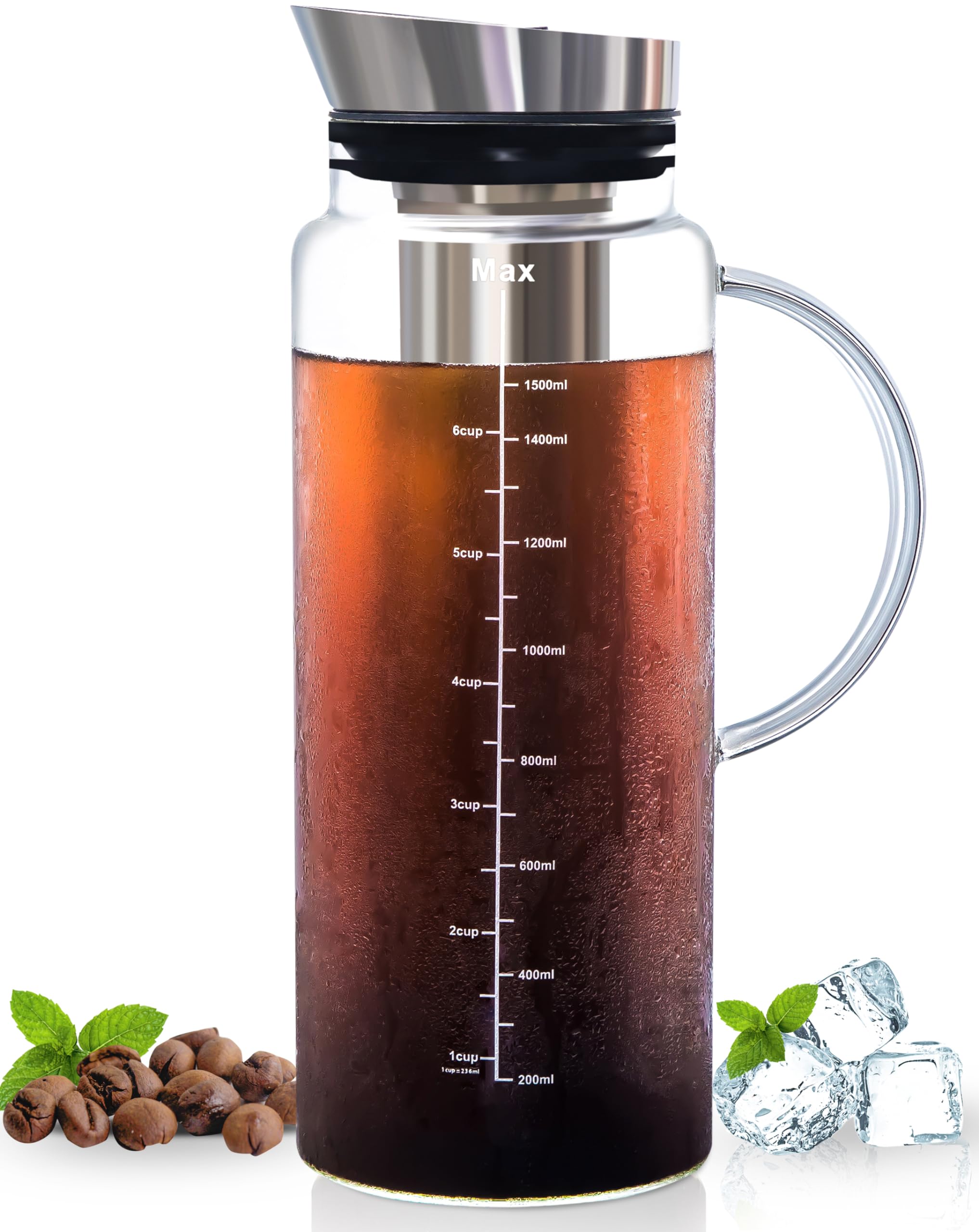Photo 1 of Aquach Cold Brew Coffee Iced Tea Maker & Fruit Pitcher - Large Capacity 51 Ounces - with Durable Glass Carafe/Fine Mesh Steel Infuser/Airtight Lid