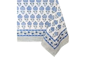 ATOSII Roma Blue 100% Cotton Boho Rectangle Fall Tablecloth, Handblock Floral Print Table Cloth Linen for Kitchen Dining I Parties, Outdoors, Weddings, Christmas, Thanksgiving Decor 60 X 90 Inches