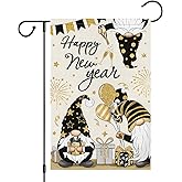 Heyfibro Happy New Year Gnomes Garden Flag 12x18 Inch Double Sided Burlap Firework Balloon Celebration Banner for Winter Holiday Party Yard Outdoor Decoration(ONLY FLAG)