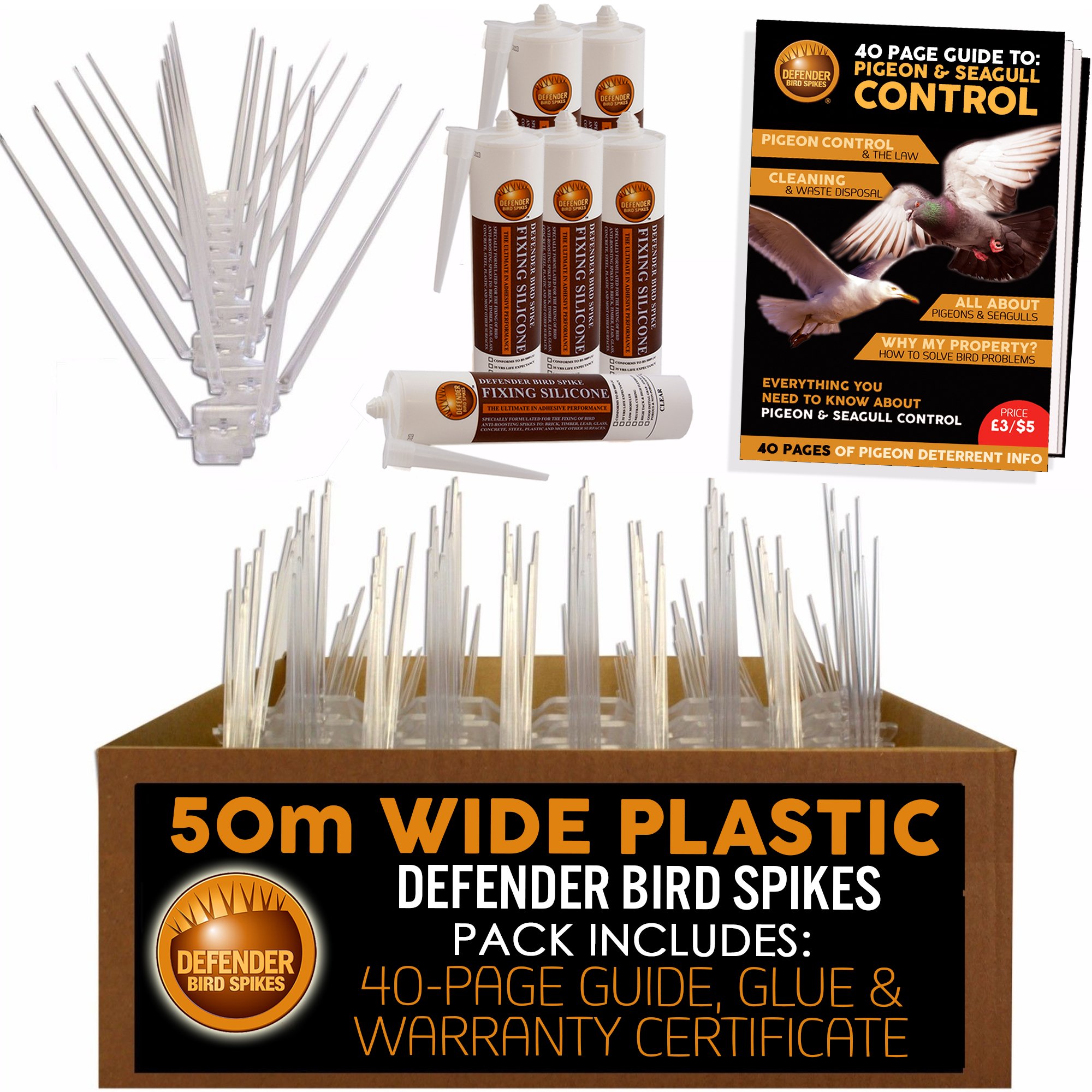 Defender Bird Spikes Wide Plastic | Glue | Guide | 50 Metre Kit | Various Size Packs