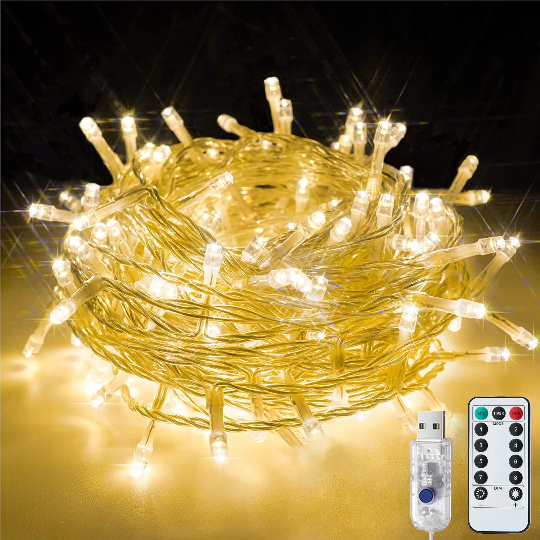 Lezonic Outdoor Christmas String Lights 120LED/39FT Plug-in with 8 Mode Timer, Remote Control Waterproof Fairy Twinkle Lights for Garden Terrace Bedroom Party Christmas Decorations (Warm White)