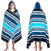 COTTON CRAFT Hooded Beach Towel – Oversized 39 x 68 Towel with Hood for Adults - 100% Ringspun Cotton Velour Terry Towel Stripe Bath Wrap - Super Soft Plush Absorbent Quick Dry – 450 GSM – Cancun Blue