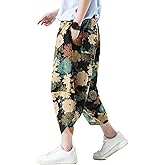 PRIJOUHE Men's Casual Wide Leg Baggy Harem Pant Lightweight Drop Crotch Summer Beach Linen Capri Pants