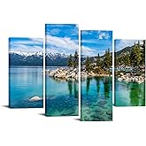 KREATIVE ARTS 4-Piece Lake Tahoe Canvas Wall Art Set - 48x33 Clear Turquoise Water & Green Mountain Forest Scenery, 3-Panel Landscape Prints for Home, Living, Dining Room Deco
