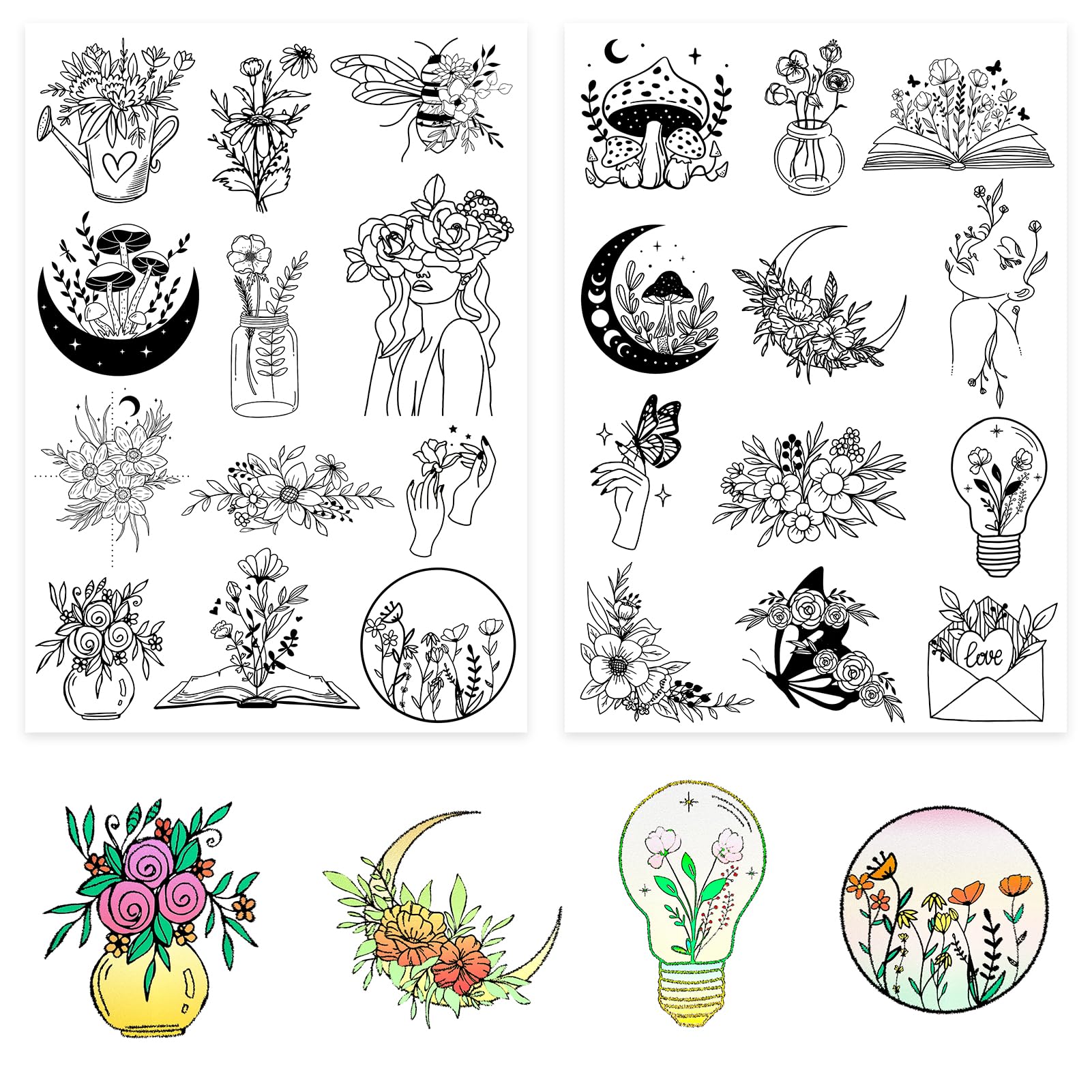 NICENEEDED 24 Pcs Water Soluble Embroidery Hand Sewing Stabilizers, Stitch Practice Embroidery Stickers, Mushroom Bee Bouquet Patterns Wash Away Stabilizers for Embroidery Beginners Lovers