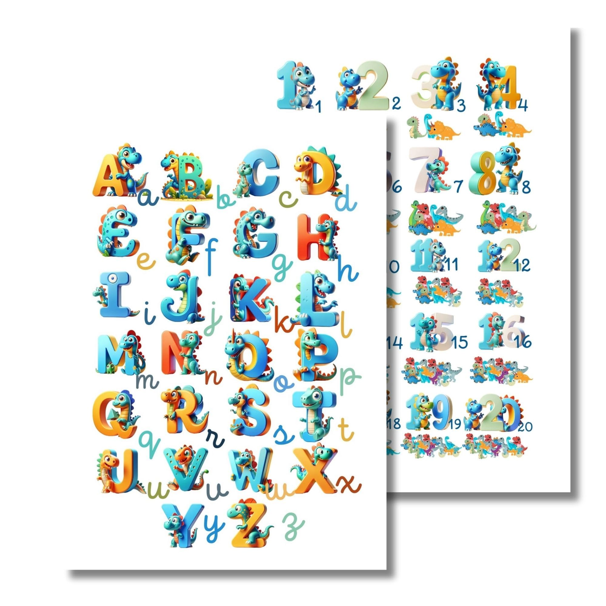 3D Dinosaur Posters, Alphabet and Number Learning, A3 Size, Pack of 2, Coated Paper, 350 g, Made in France
