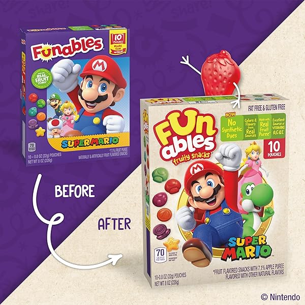 FUNABLES FRUITY SNACKS, SUPER MARIO, ASSORTED FRUIT, FLAVORED SNACKS, 0.8 OZ 10 CT