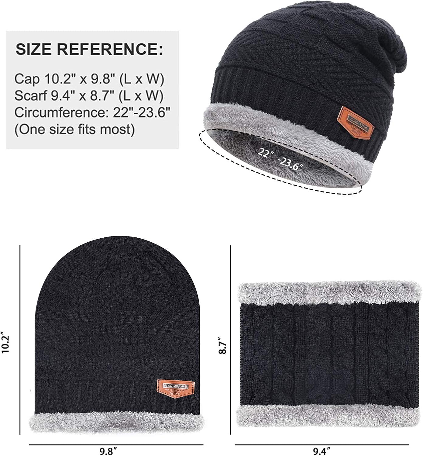 Men's 2-Pieces Winter Beanie Hat Scarf Set Warm Knit Hat Thick Fleece Lined Winter Cap Scarves for Men Women Black at  Men’s Clothing store